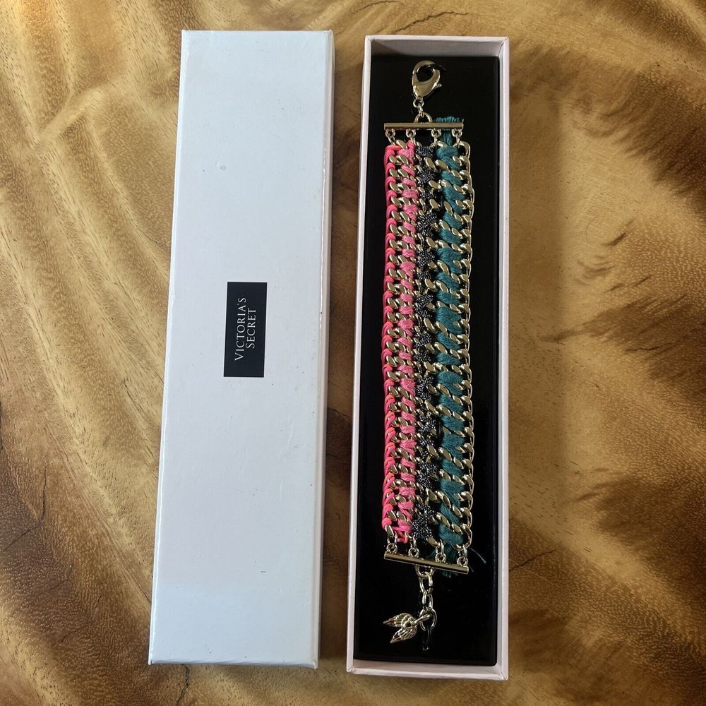 VICTORIA'S SECRET PINK/TEAL RIBBON WOVEN GOLD‎ CHAIN BRACELET LIMITED EDITION 6"